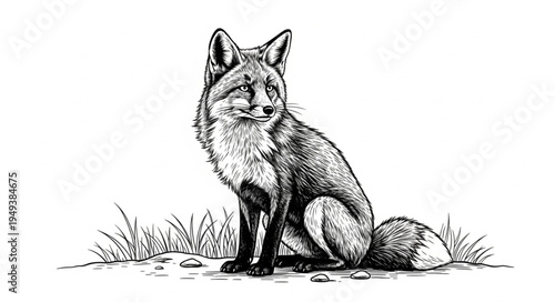 Detailed Pen and Ink Drawing of a Seated Fox.