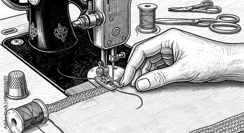 Vintage Sewing Machine in Operation with Hand Guiding Fabric.