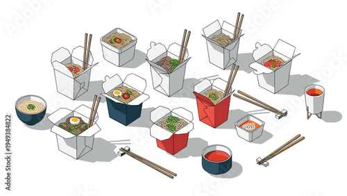 Isometric illustration of various Chinese takeout noodle boxes with chopsticks and side dishes on a white background.
