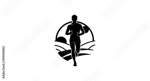 Silhouette of a runner in a circular landscape emblem.