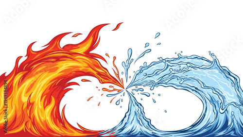 Artistic representation of fire and water waves clashing in a dynamic and powerful flow against a clean white background.