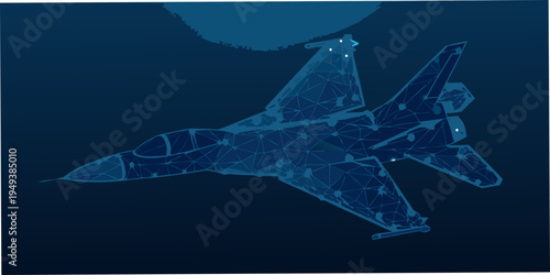 A polygonal blue toned illustration of a modern military fighter jet