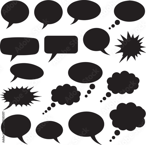Collection of black comic book speech bubbles and thought clouds on white background