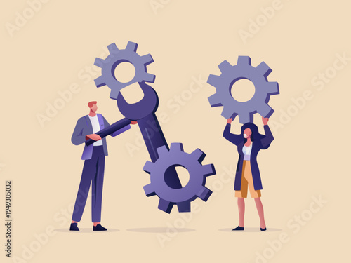 Teamwork and problem solving with gears and a wrench illustration