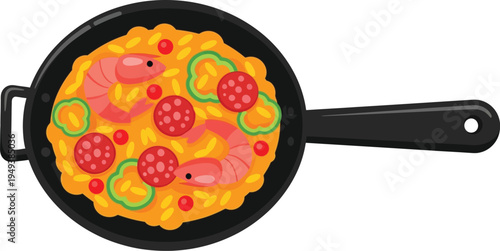 Spanish paella dish served in a frying pan with rice, shrimp, sausage, and green peppers ingredients. 