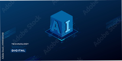 Isometric representation of ai technology with blue and dark blue tones