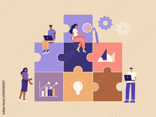 Teamwork and problem solving illustrated with a puzzle concept and digital devices