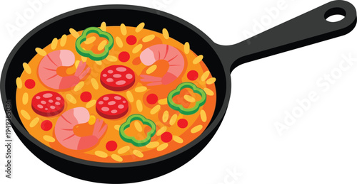 Spanish paella dish served in a frying pan with rice, shrimp, sausage, and green peppers ingredients. 