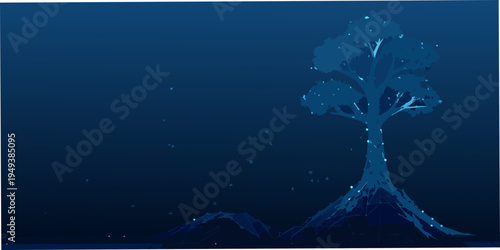 A lone tree silhouette stands against a dark starry night sky