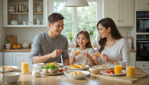 A happy family enjoying a meal together in a modern kitchen with a warm atmosphere