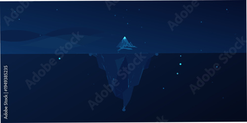A glowing iceberg floats in a dark starry ocean landscape