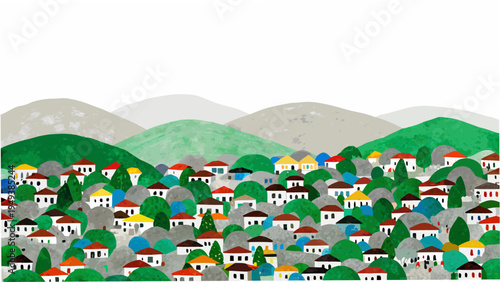 Colorful illustration of a hillside village nestled amongst rolling mountains
