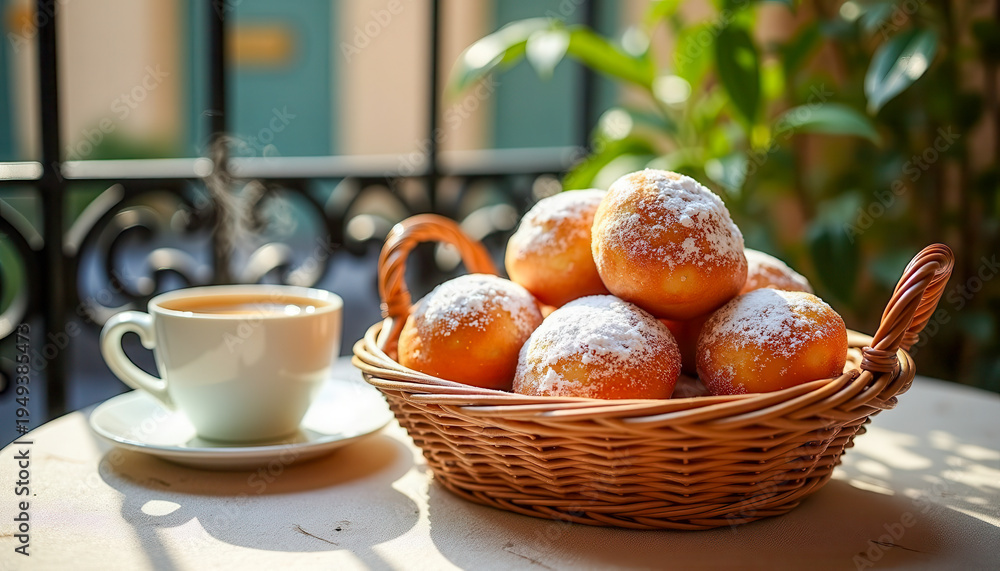 Naklejka premium Wicker basket filled with sweet powdered pastries next to a white coffee cup on a sunny balcony table, cozy morning breakfast, relaxing cafe lifestyle.
