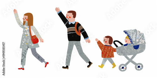 A family of four walks together in a cheerful illustrated style