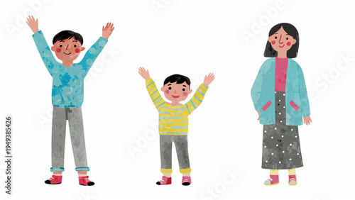 Illustration of a family with two children raising their arms