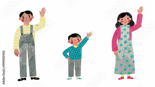 Family of three waving cheerfully with rosy cheeks and patterned clothing