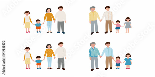 Diverse families with children holding hands illustrated in a simple style