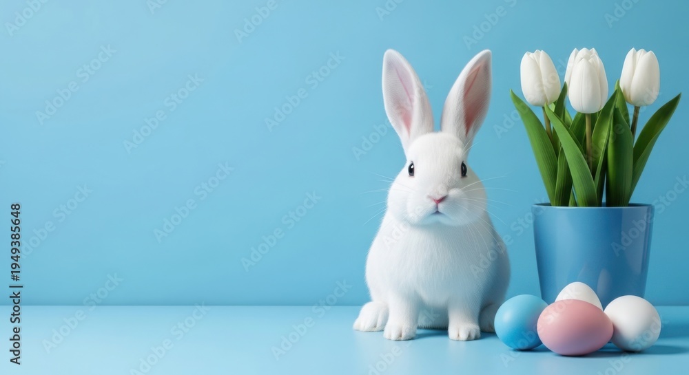 Fototapeta premium Cute white easter bunny with tulips and painted eggs on blue background