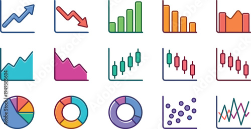 Business analytics and financial chart line icon set featuring stock market graphs, candlestick trading charts, pie statistics and data visualization vector icons