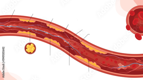 Medical illustration of a blood vessel showing the process of atherosclerosis with cholesterol plaque buildup and restricted blood flow.