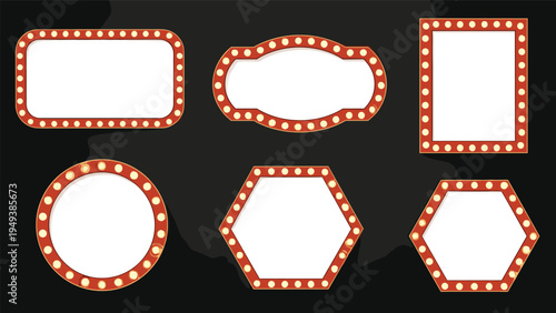 Collection of various golden marquee light frames with glowing bulbs on a dark background for theater or cinema signs.