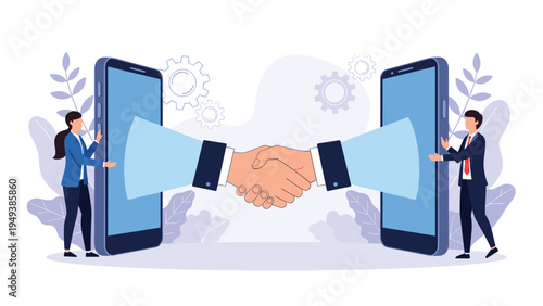 Two business people shaking hands across two large mobile phone screens representing a digital partnership or remote deal.