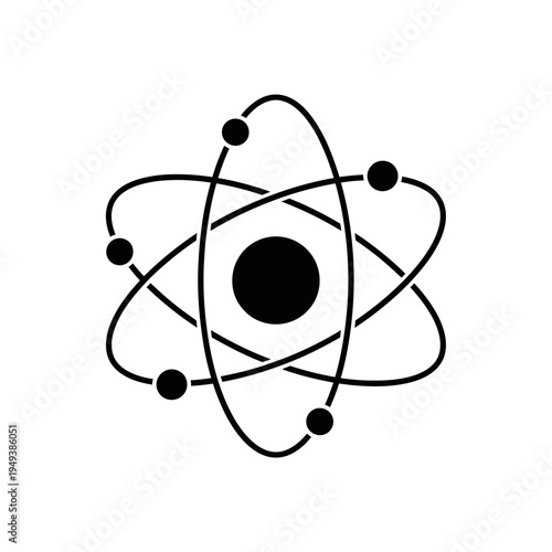 Black and white atom symbol illustration.