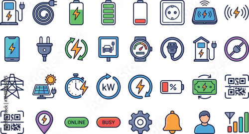 Electric power and energy vector icon set with battery charging plug socket solar panel electricity meter smart home and renewable technology