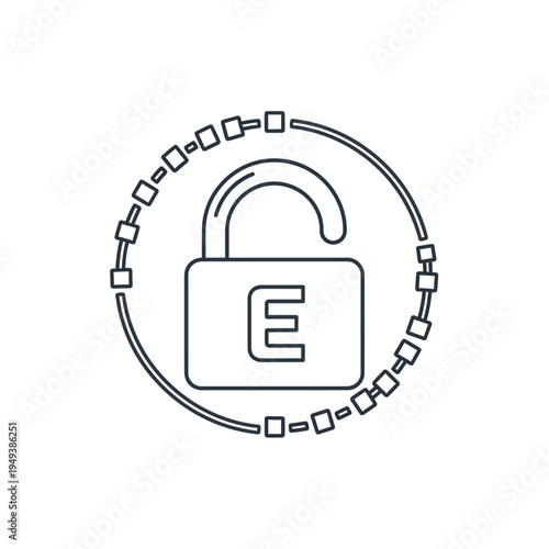 Padlock with chain and letter E.