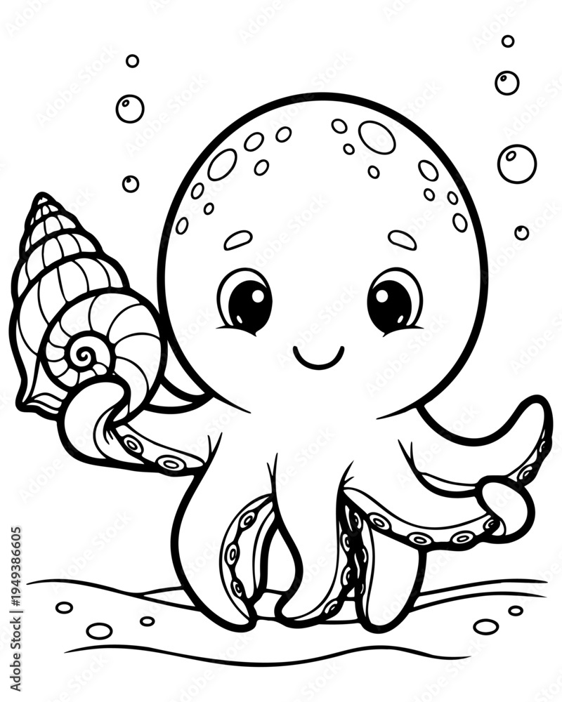 Obraz premium Cute octopus cartoon line art illustration with seashell underwater animal coloring page style simple black and white marine character for kids