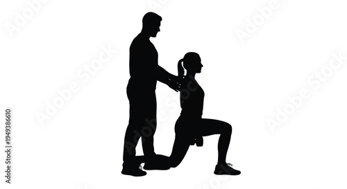 Male personal trainer assisting a woman during a lunge workout, a health vector graphic design