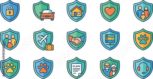 Insurance protection vector icon set with health home car travel pet family claim security shield and coverage policy symbols