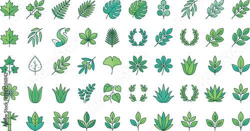 Green leaves vector icon set with botanical foliage branches wreaths tropical plants and natural leaf illustration collection