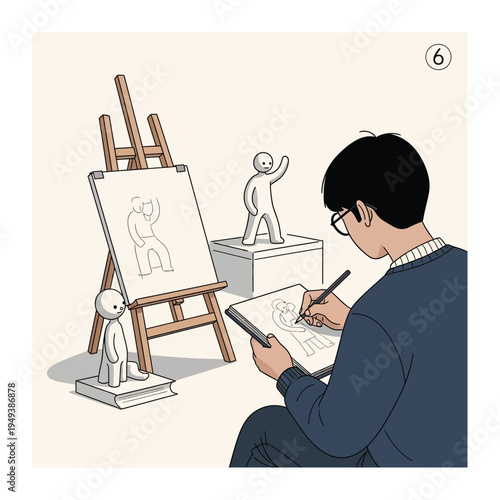 Artistic Genesis: An artist delves into the creative process, sketching figures with meticulous detail, amidst a world of art and inspiration.