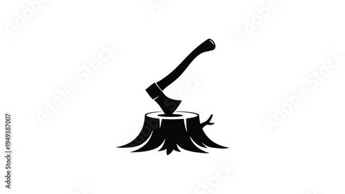 axe chopping tree stump silhouette icon woodcutting tool symbol lumberjack forestry logging concept black illustration isolated