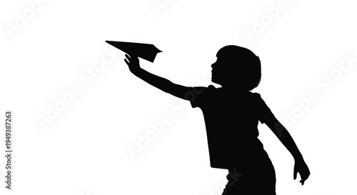 Silhouette vector illustration of a young child launching a paper airplane against a bright white background