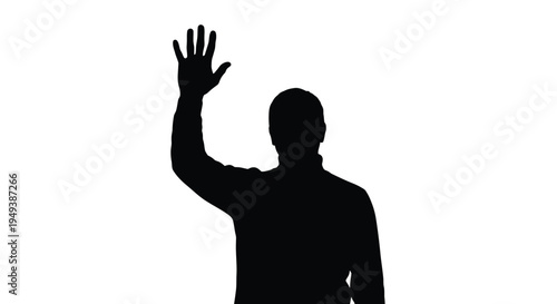 Simple black vector illustration of a human silhouette with an arm raised in a friendly wave.