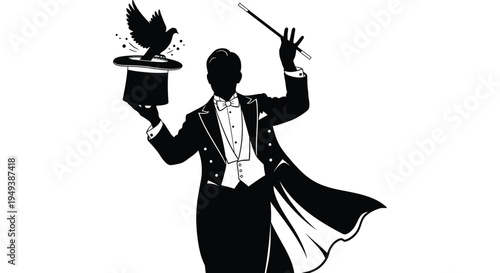 Silhouette vector illustration of a magician pulling a dove from a top hat using a wand