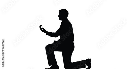 Man proposing with engagement ring on one knee a romantic vector illustration graphic silhouette.