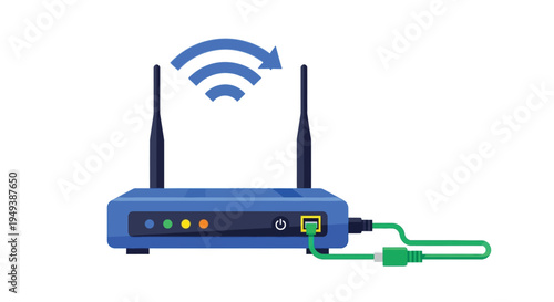 A blue WiFi router with antennas and a green Ethernet cable connected to it