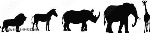 African safari animal silhouette collection with lion, zebra, rhinoceros, elephant and giraffe isolated on white background, wildlife vector illustration set