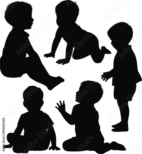 Black silhouette collection of toddlers playing, sitting, crawling and standing, cute baby activity set isolated on white background, childhood growth concept illustration clipart