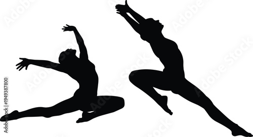 Dancer silhouette set with expressive modern dance jumps and stretching poses, artistic movement performers isolated on white background, contemporary dance illustration