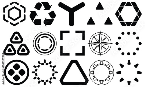Futuristic Vector Tech Icons and Geometric HUD Elements Set with Hexagon, Triangle and Circle Shapes for Sci-Fi User Interface, Game UI Design, Mobile Apps and High Tech Digital Dashboard Projects