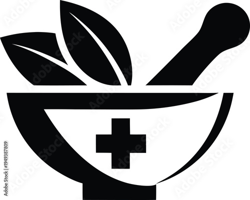 Black and White Mortar and Pestle Icon with Herbal Leaves and Medical Cross Symbol