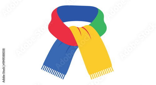 A colorful scarf with blue, yellow, red, and green sections on a white background