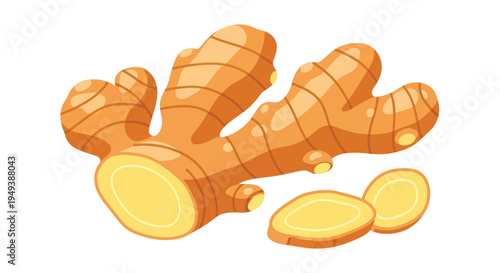 A vibrant illustration of fresh turmeric root and slices on a white background