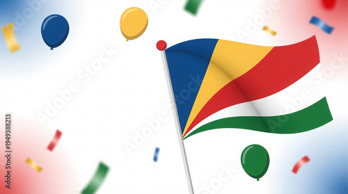 Seychelles Flag Waving with Confetti and Balloons, Symbolizing National Celebration