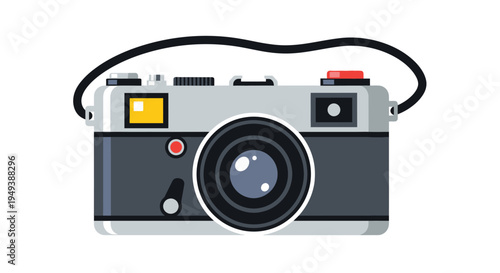 A cartoon illustration of a vintage camera with a black strap on a white background