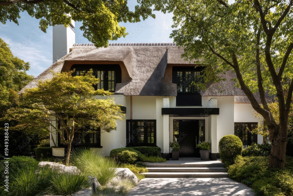 Fototapeta premium House with thatched roof and garden in a sunny neighborhood in summer, showing well-kept plants and trees near the entrance